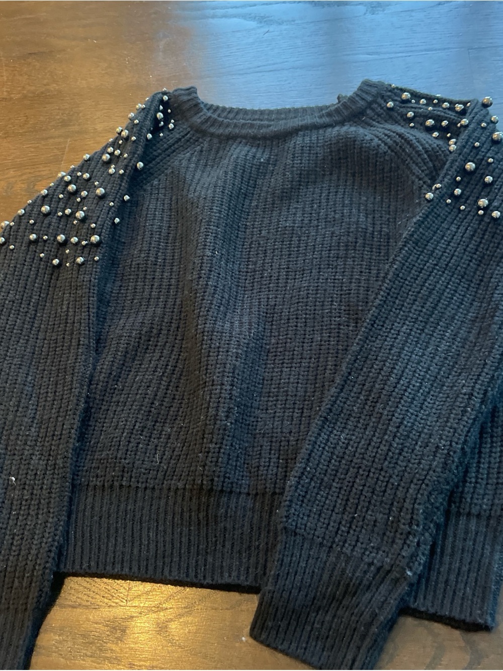 Aqua Black Crewneck Sweater with Silver Shoulder Studs